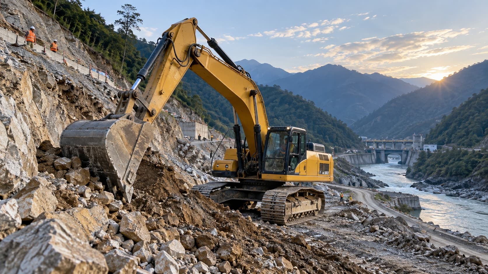 Excavator preparing an infrastructure site in the mountains