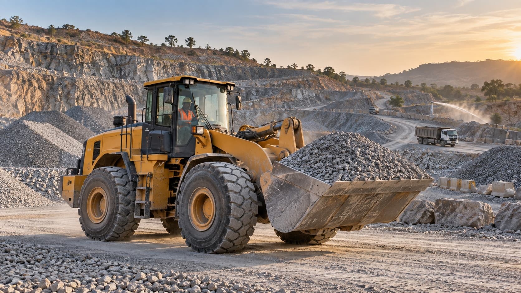 Wheel loader operating in a managed aggregate yard