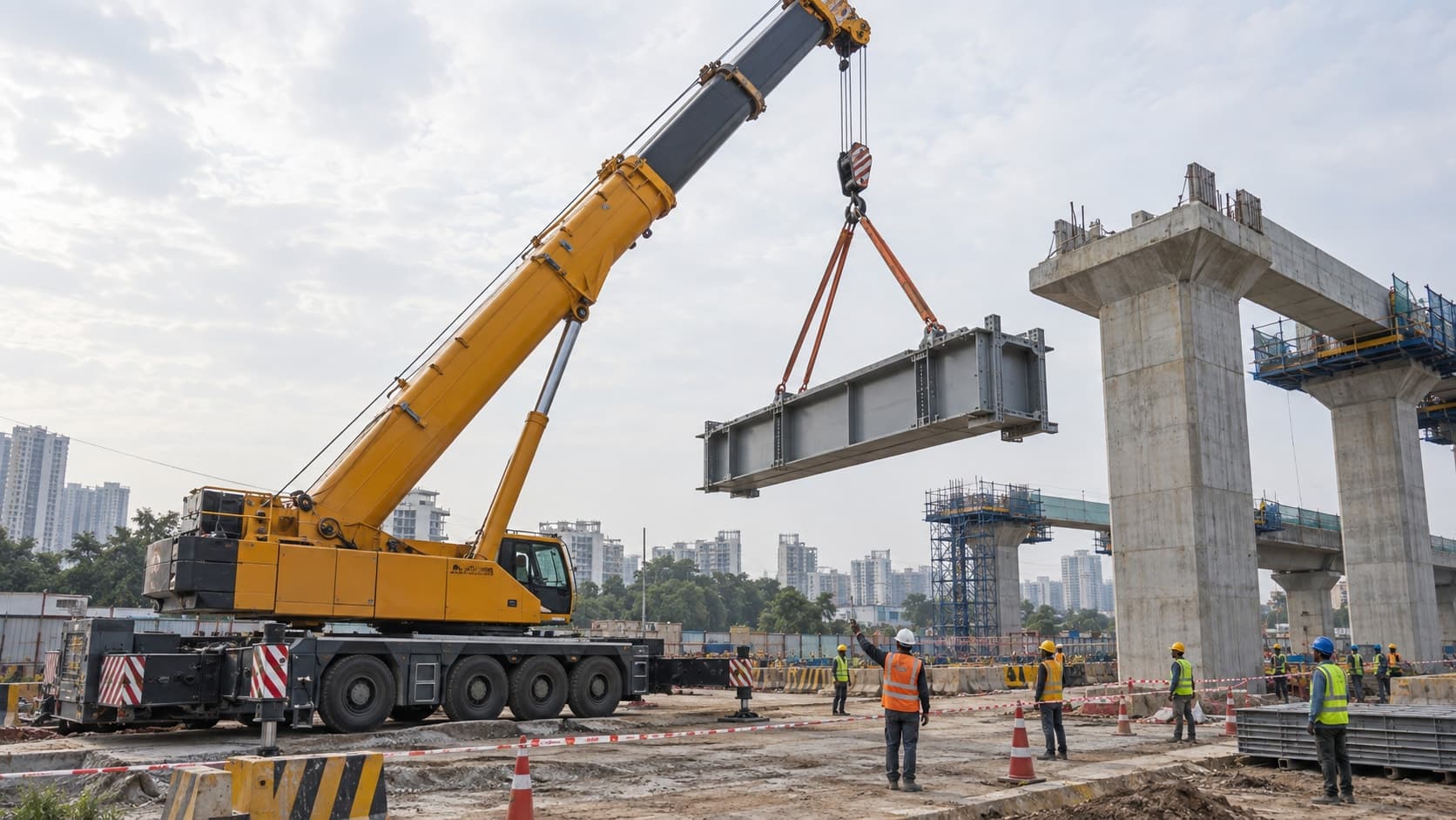 Mobile crane supporting an urban construction project